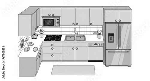 Detailed Kitchen Interior Design with Modern Appliances and Cabinetry.