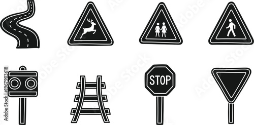 Chalkboard road sign icons set hand drawn on blackboard