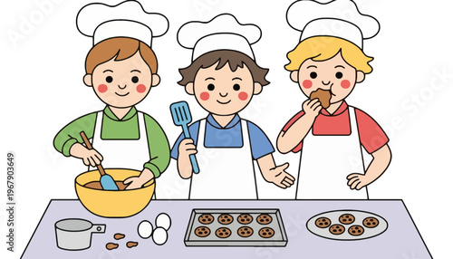 Children baking cookies in a kitchen with chef hats and aprons