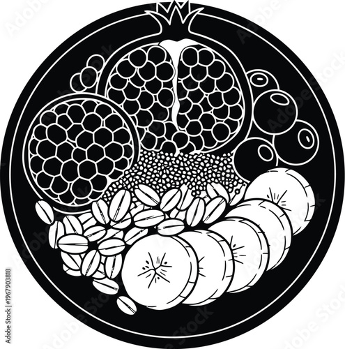 Breakfast bowl with pomegranate and chia seeds vector illustration