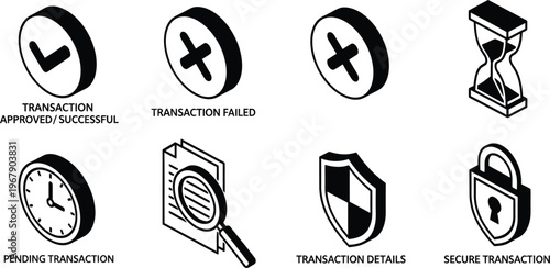 Isometric digital wallet transaction status icons for mobile banking
