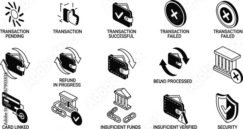 Isometric digital wallet transaction status icons for mobile banking