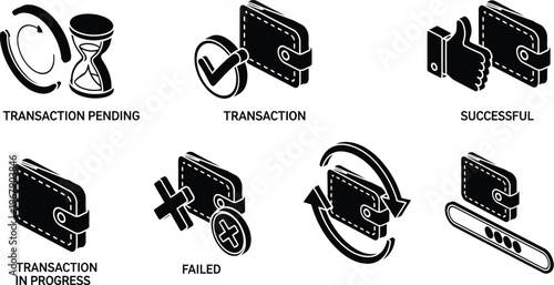 Isometric digital wallet transaction status icons for mobile banking