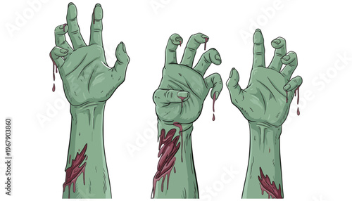 Zombie hands illustration with blood and wounds on white background