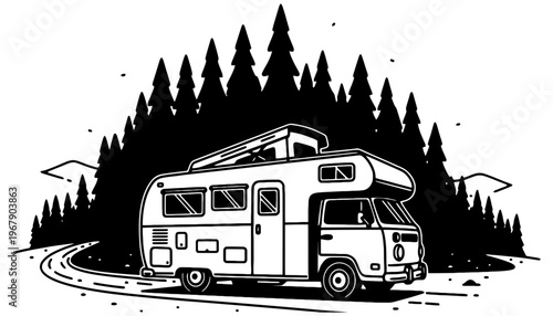 A camper van vector illustration driving on a winding road through forest