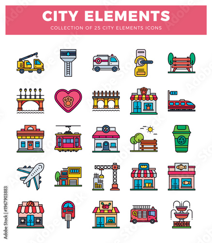 City elements icons including transportation. services. and buildings