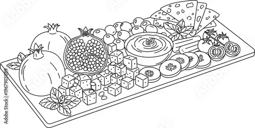 Mediterranean breakfast board with pomegranate and feta cheese illustration