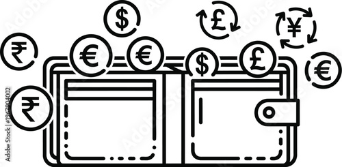 Multi-currency travel wallet icons for global money exchange concept