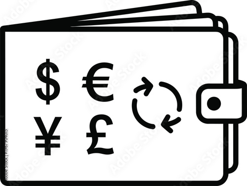 Multi-currency travel wallet icons for global money exchange concept