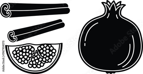 Pomegranate and cinnamon sticks winter spice vector illustration set