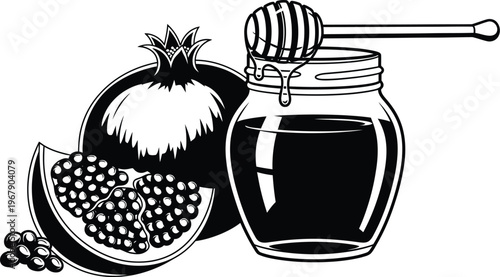 Pomegranate fruit and honey jar vector illustration design