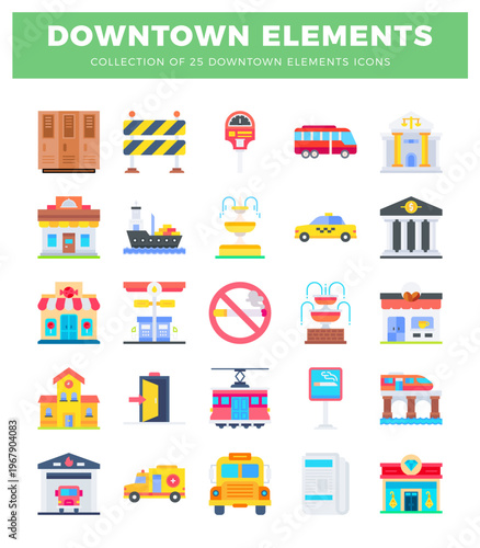 flat design downtown city element icons on white background