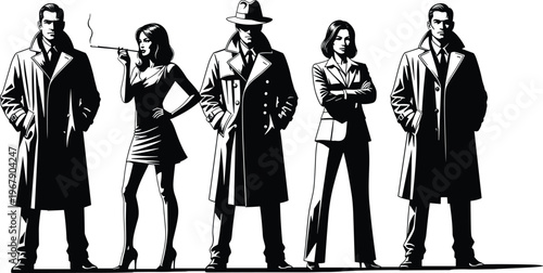 Black and white noir detective characters lineup featuring trench coat agents femme fatale smoking stylish silhouettes vintage crime illustration vector