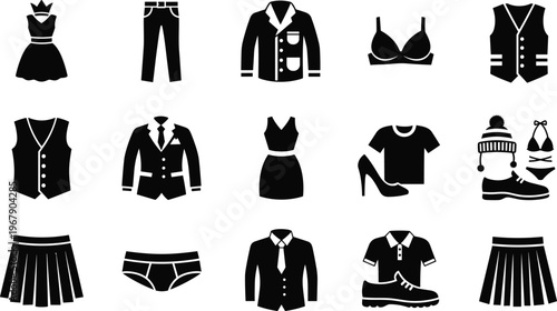 Clothing and accessories silhouettes illustration, diverse wardrobe icons, fashion apparel showcase, casual and formal wear design resource – flavector