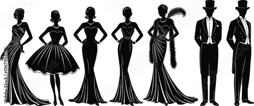 Elegant evening gowns and tuxedo silhouettes, vintage fashion illustration, stylish formal attire artwork, gala clothing design collection, classic outfits – flavector