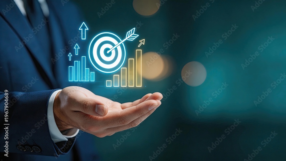 Fototapeta premium Businessman hand holding glowing hologram of target with arrow bar chart and growth arrows symbolizing strategy success achievement data analysis marketing goal financial profit
