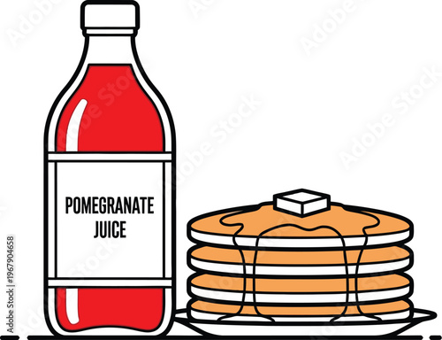 Breakfast flat lay with pancakes and fresh pomegranate juice vector