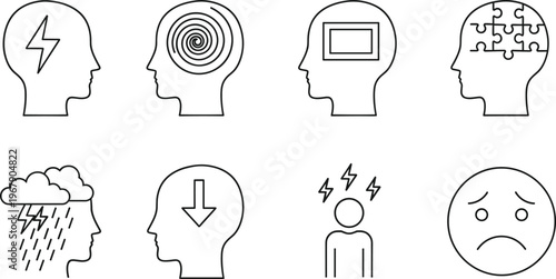 Abstract line art depicting various states of mind, including creativity, focus, confusion, and frustration, in a minimalist style.