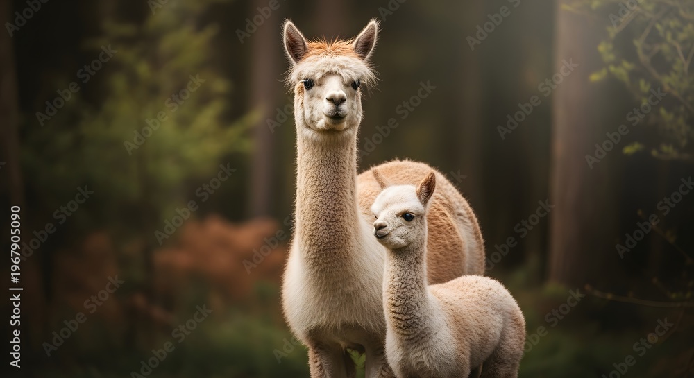 Fototapeta premium Two alpacas in a forest a portrait of gentle south american camelids