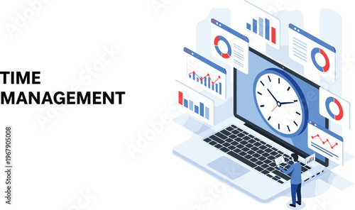 Illustration of time management concept with laptop displaying clock, charts, and a person analyzing data for productivity.