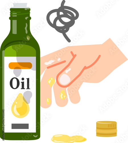 液だれした食用油の瓶と油が付いた手