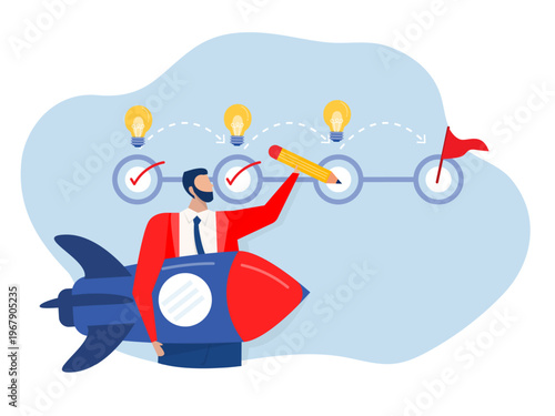 Roadmap check list ,Businessman genius skillful holding initiative rocket and lightbulb idea.reativity or motivation to develop and growth, startup plan,vector