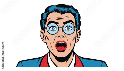A shocked cartoon man with glasses and blue hair looks surprised