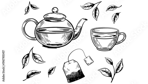 Tea teapot with a cup and tea leaves illustration vector