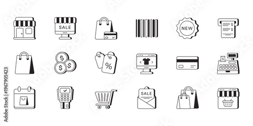 Shopping icons array showcasing retail essentials, monochrome line art symbols featuring barcode, cart, bag, receipt, credit, storefront, sale tag, scanner, coupon, wallet and POS terminal, presented