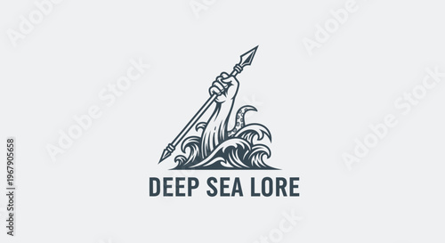 Hand emerging from ocean waves holding spear, Deep Sea Lore logo design.