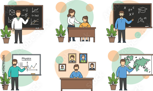 Illustrations of diverse educational activities with teachers and students in classrooms and offices, engaging and collaborative mood.
