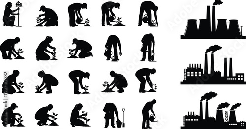 People planting trees silhouettes with industrial pollution factories contrast environmental conservation concept black and white vector illustration design