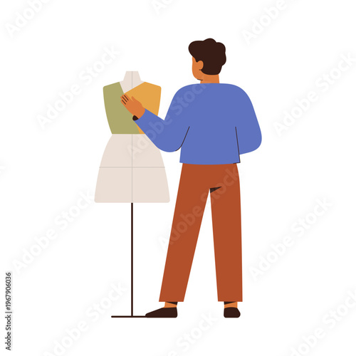 Fashion designer stands near mannequin back view. Man Dressmaker work with dummy for sewing. tailor and fabric manikin on stand. vector illustration isolated on white background