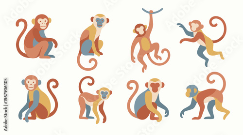 Colorful cartoon monkeys in various poses.