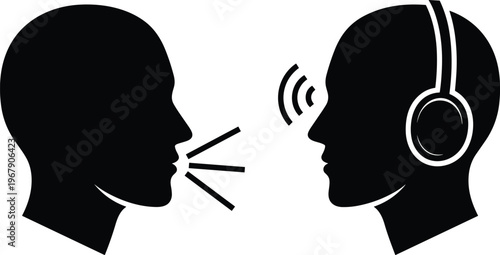 Voice communication concept with speaking and listening human silhouettes wearing headphones sound waves interaction vector illustration black and white