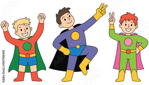 Superhero cartoon boys in colorful costumes and capes standing together