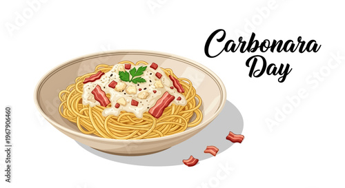 Illustration of a delicious plate of spaghetti carbonara dish on a white background, celebrating National Carbonara Day with a creamy sauce and bacon, in a flat lay composition.