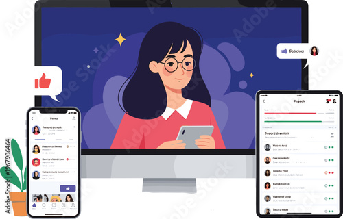 Social Media Interaction Illustration with User Profiles, Likes, Chat Messages, and Notifications on Mobile Devices and Desktop Screen for Digital Communication Design