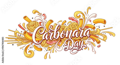Vector illustration of Carbonara Day with colorful swirling designs and text on a white background, conveying a festive mood.