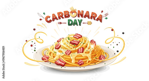 Illustration of a plate of spaghetti carbonara dish with bacon and cheese for National Carbonara Day or Italian cuisine concept.