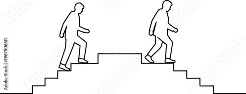 Two figures ascend and descend stairs, symbolizing progress and decline in a minimalist