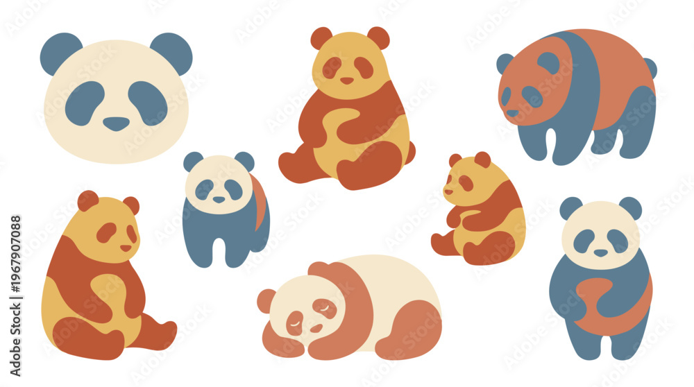 Naklejka premium Colorful cartoon pandas in various poses.