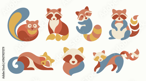 Colorful cartoon raccoons and squirrels illustrations.