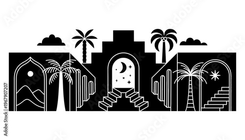 A black and white illustration of a desert cityscape at night