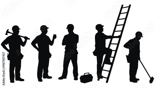 Worker silhouettes in various poses with tools and equipment on white background