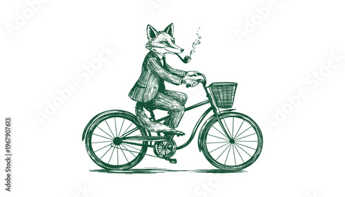 A fox in a suit rides a bicycle with a basket
