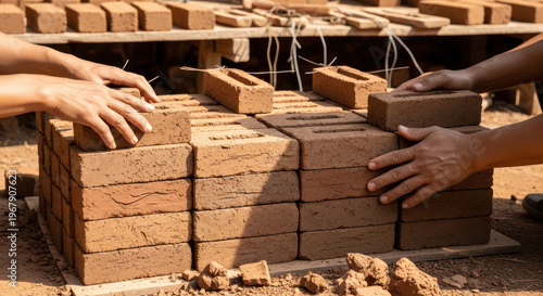 Bricklaying in Progress Hands Constructing a Brick Structure.