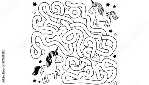 A unicorn illustration with a maze and stars for kids
