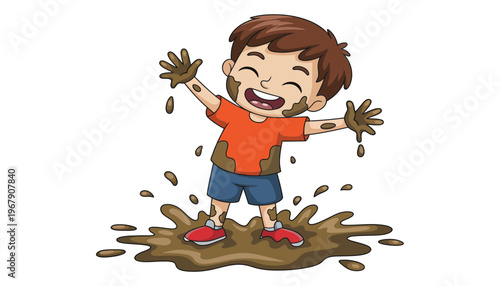 A happy boy playing in a mud puddle with brown mud all over