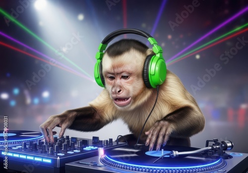 A clever capuchin monkey wearing green headphones performs as a professional dj at a nightclub.